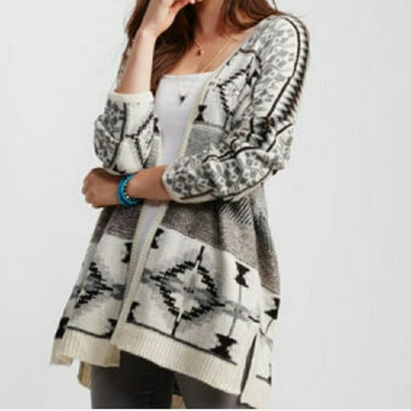 Aeropostale Aztec Tribal Open Cardigan Knit Sweater Flyaway Duster Relaxed N27 - Picture 2 of 11